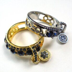 Rings with charms 2-piece set 9 size silver+golden ring with dark blue stones